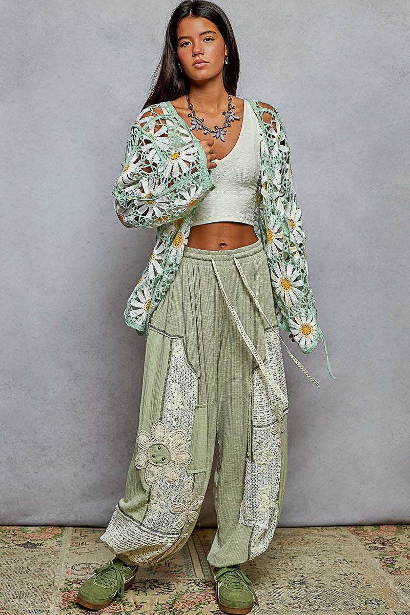 Long sleeve V neck crochet knit open cardigan