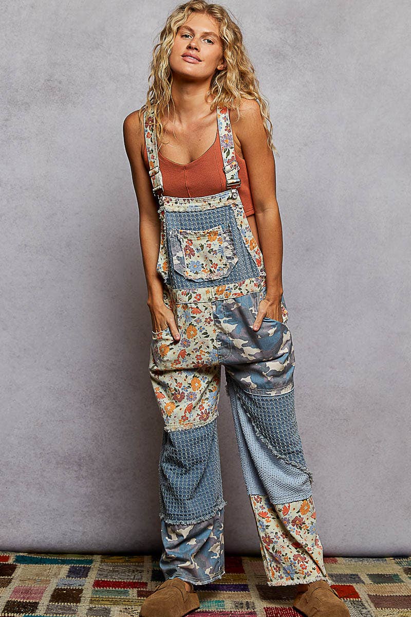 Overalls Animal/Floral Printed Frayed Edge Twill Woven overalls: DENIM S - L