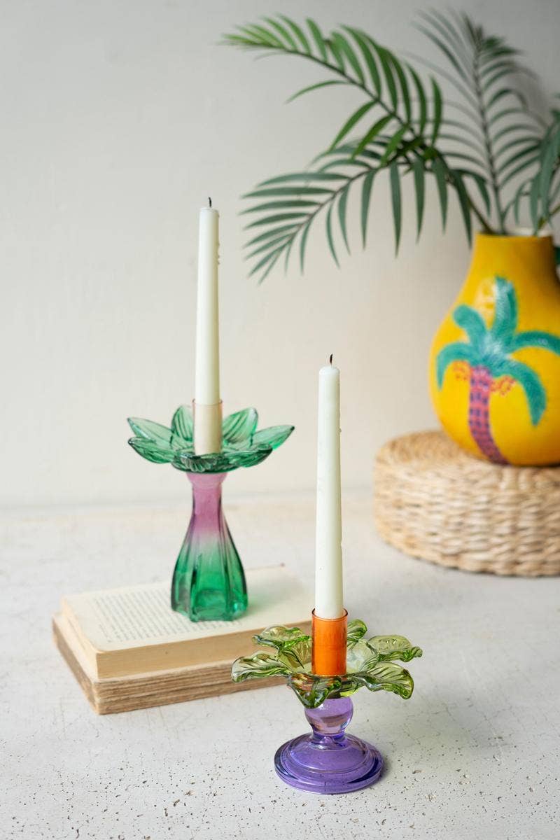 COLORED GLASS FLOWER TAPER CANDLE HOLDERS