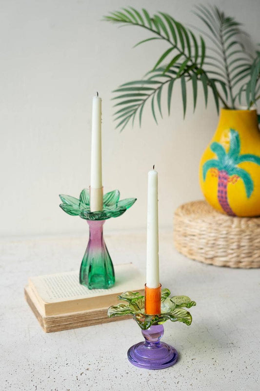 COLORED GLASS FLOWER TAPER CANDLE HOLDERS