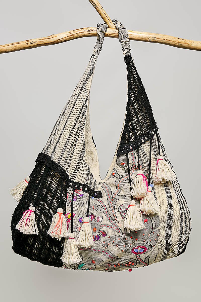 Roomy Fit Patchwork Tassel Black Hobo Bag