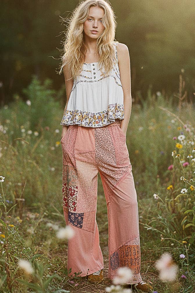 Square Neck Soft POL Jersey Floral Trim Boho Tank Top