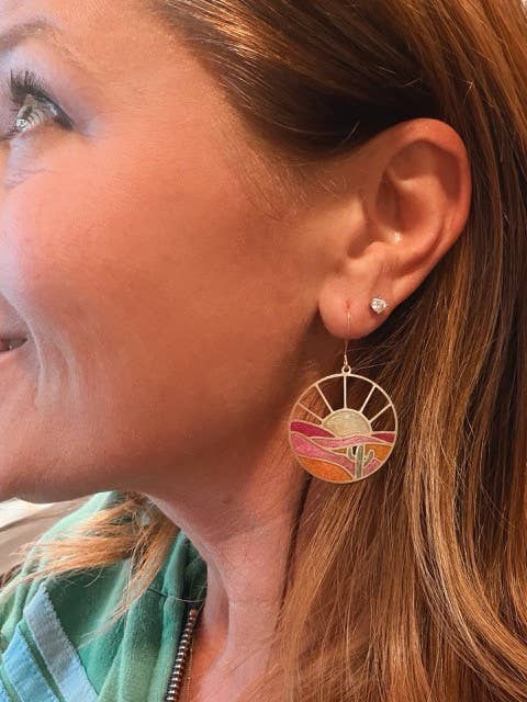 Colorful desert sunset and cactus brass earrings