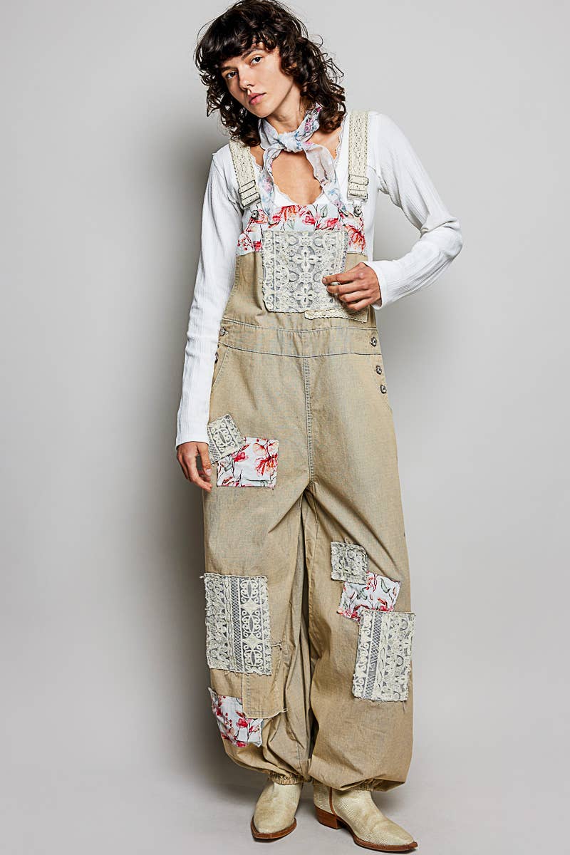 Printed Lace Patch Trim Strap Relaxed Fit Jogger Overall