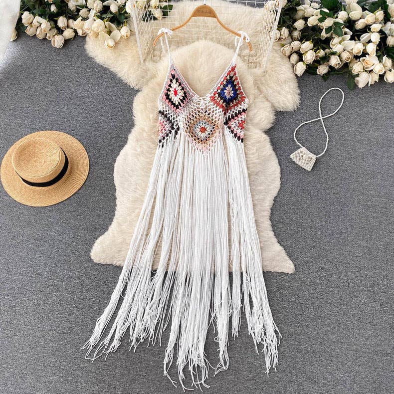 Crochet Tassel Midi Dress: BEIGE / AVERAGE