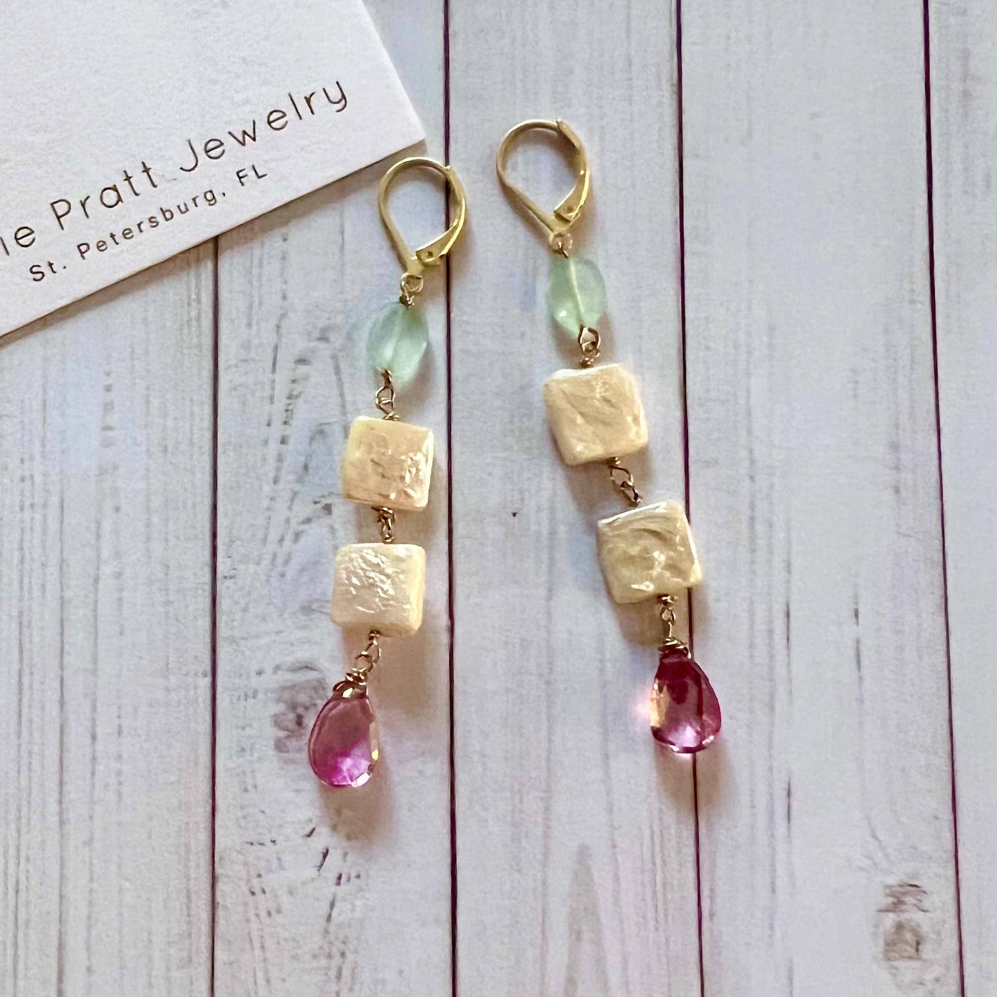 Showgirl pearl and gemstone dangle earrings