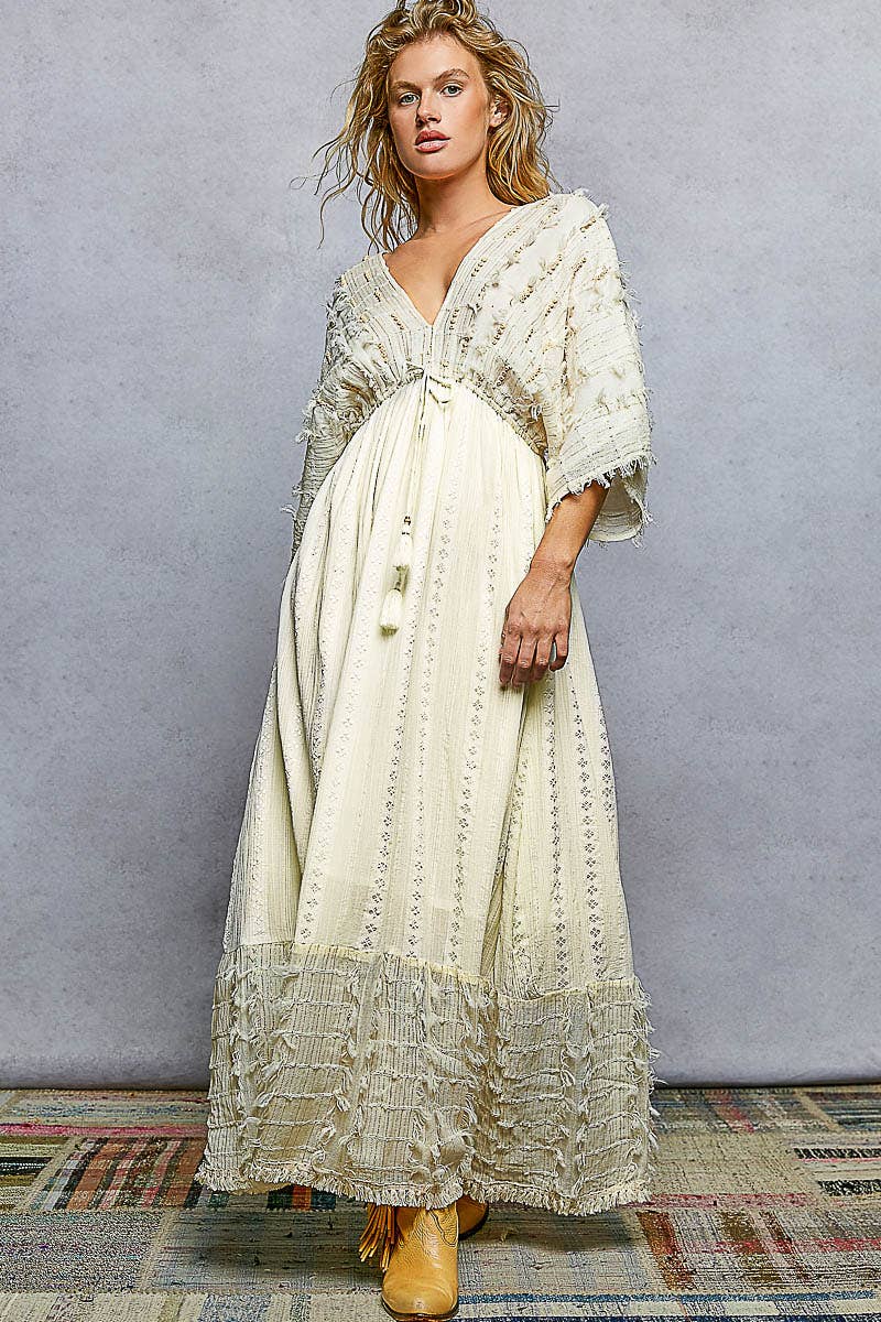 V-neck Metal Button Down Textured Linen Solid Maxi Dress