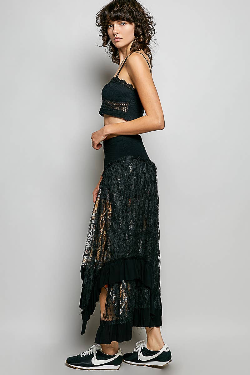 Ruffle Smocked Waist Solid Long Lace Skirt