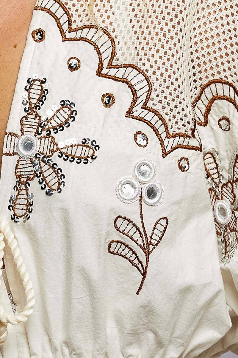 Crochet Shoulder Embroidery Ruffle V-Neck Short Sleeve Top