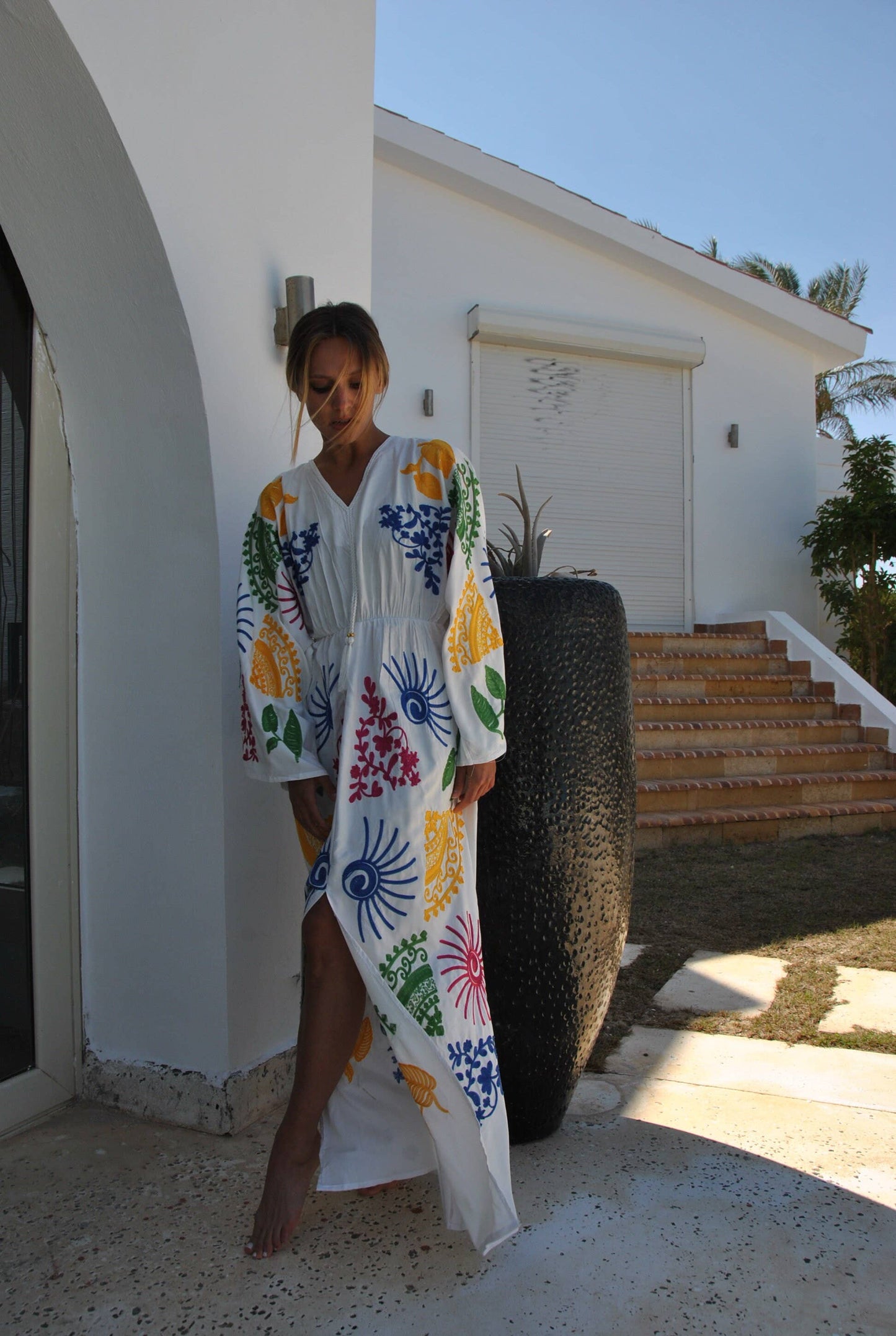 Colorful White Embroidered Ocean Caftan
