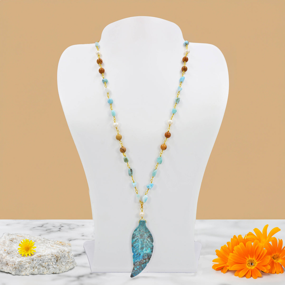 Larimar & Ocean Jasper Necklace with Feather Pendant