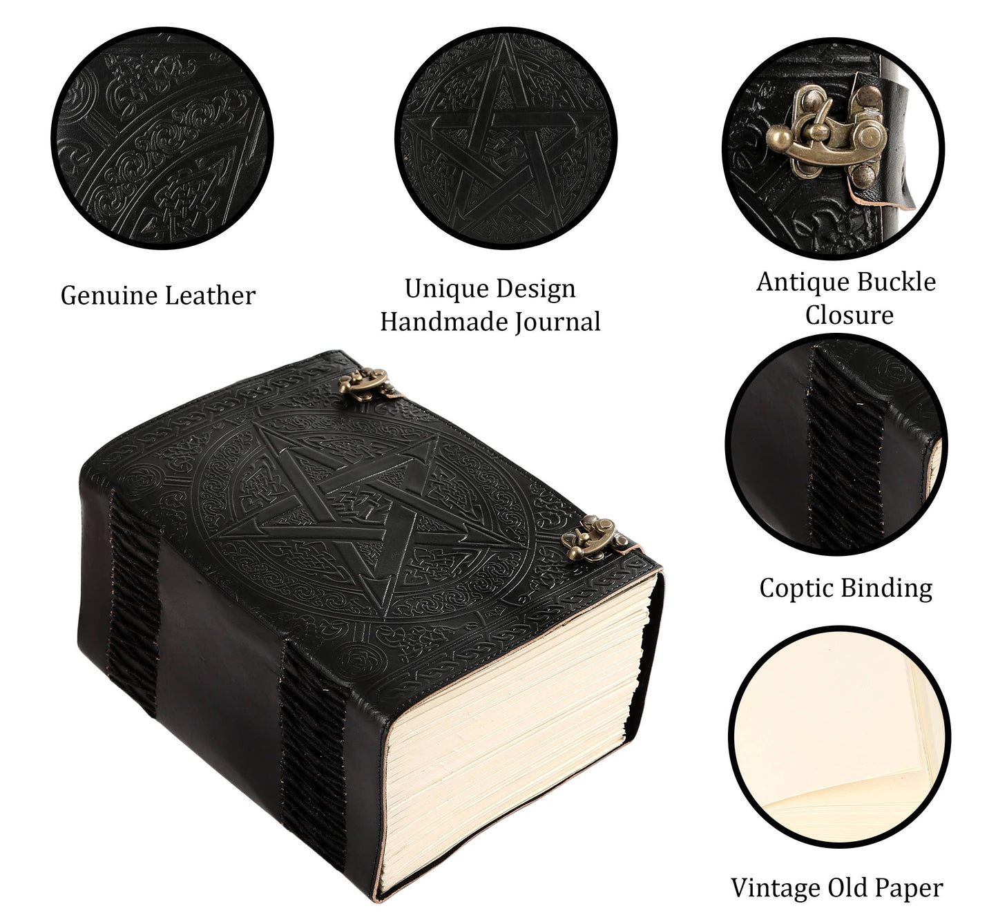 1000 Pages Large Black Pentagram Embossed Leather Journal | Writing Leather Notebook | Leather grimoire Book | Handmade Leather Journal Gift