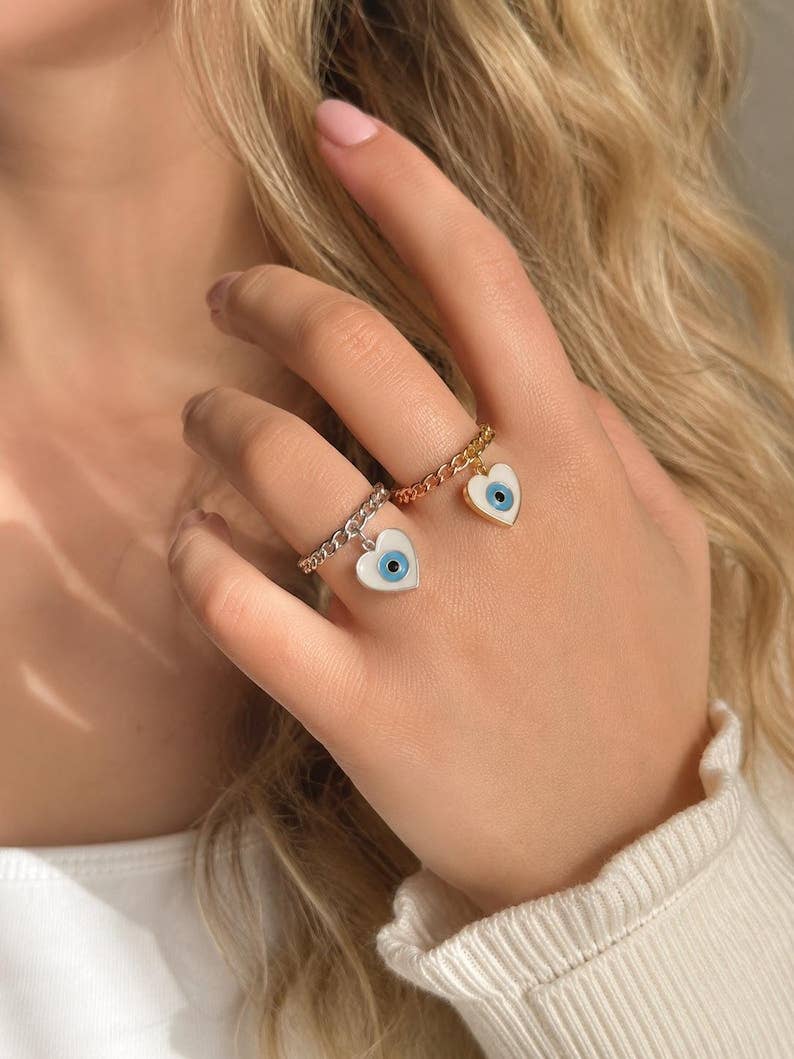 Evil Eye Adjustable Ring Fish or Heart Charm