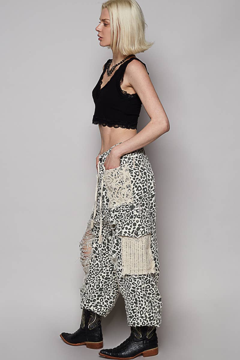 Vintage Wash Crochet Patches Distress Jogger Pants CAMO