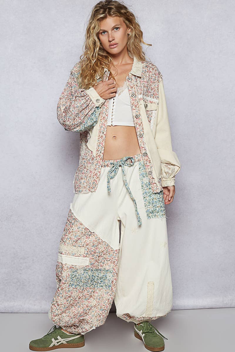 Floral print patchwork twill woven jogger pants