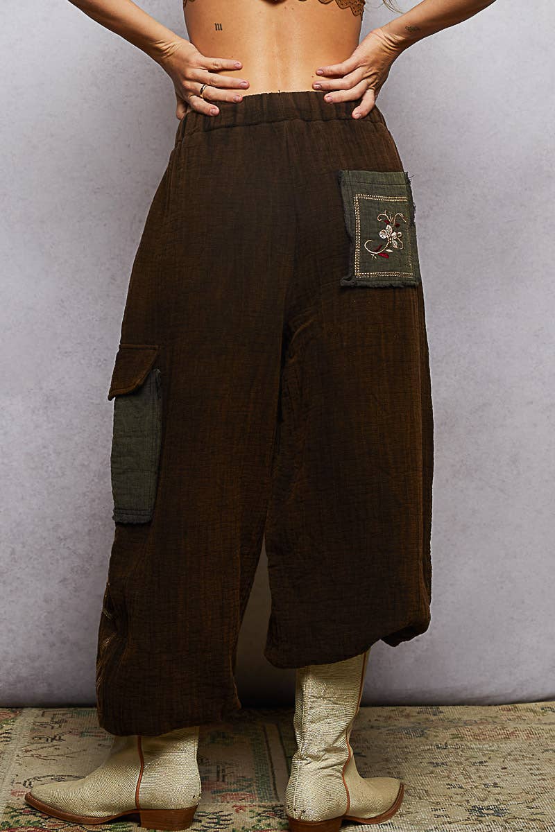 Floral Embroidered Double Gauze Cargo Pants S - L