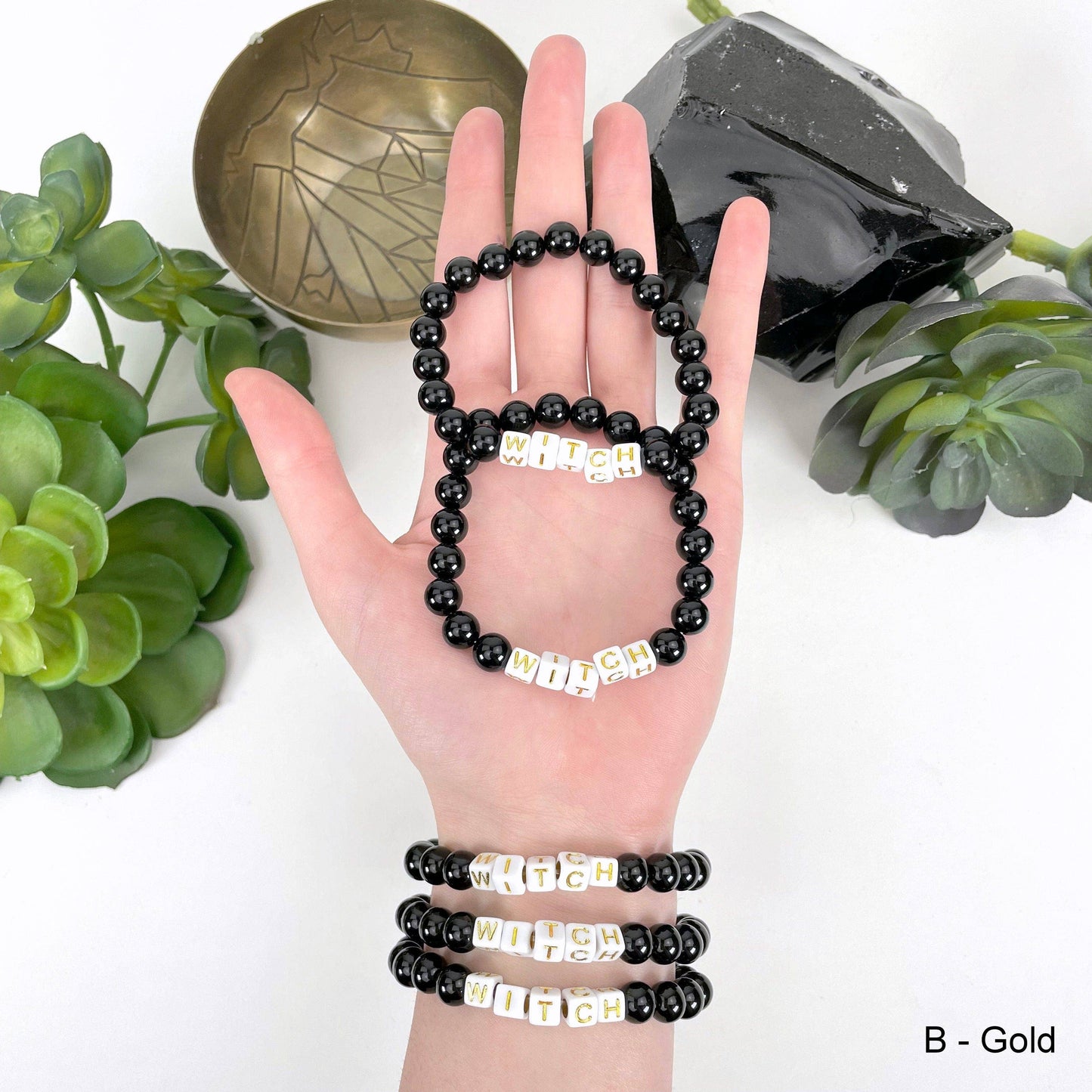 Black Obsidian Beaded Bracelet with "WITCH" Letter Beads - B: C- Black Bead Gold Lettering