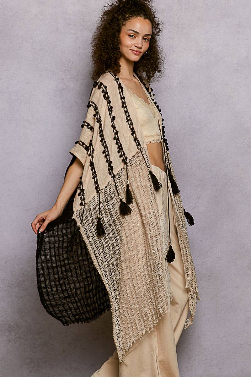 Boho Embroidered Cotton Tassel Loop Midi Cardigan