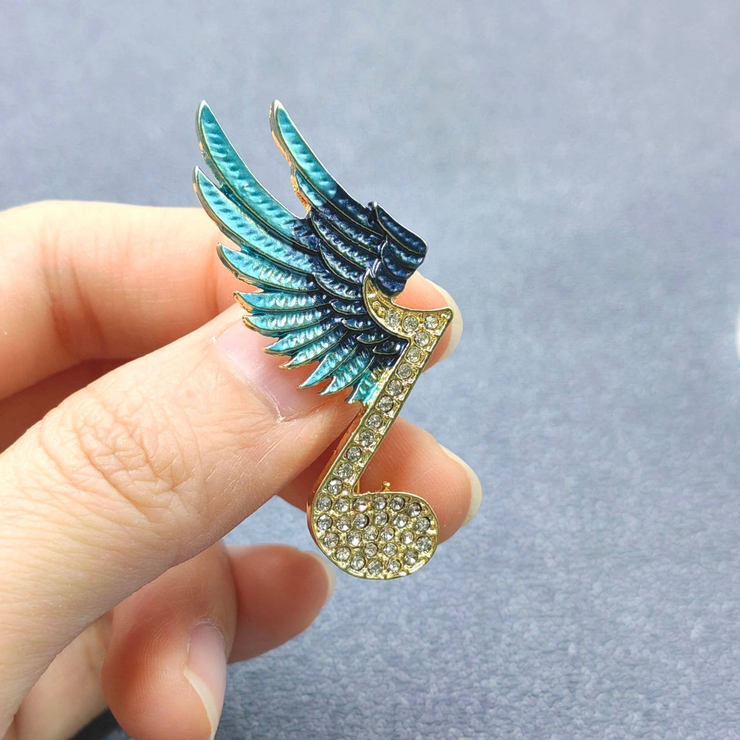 Enamel Wing Rhinestone Musical Note Brooch