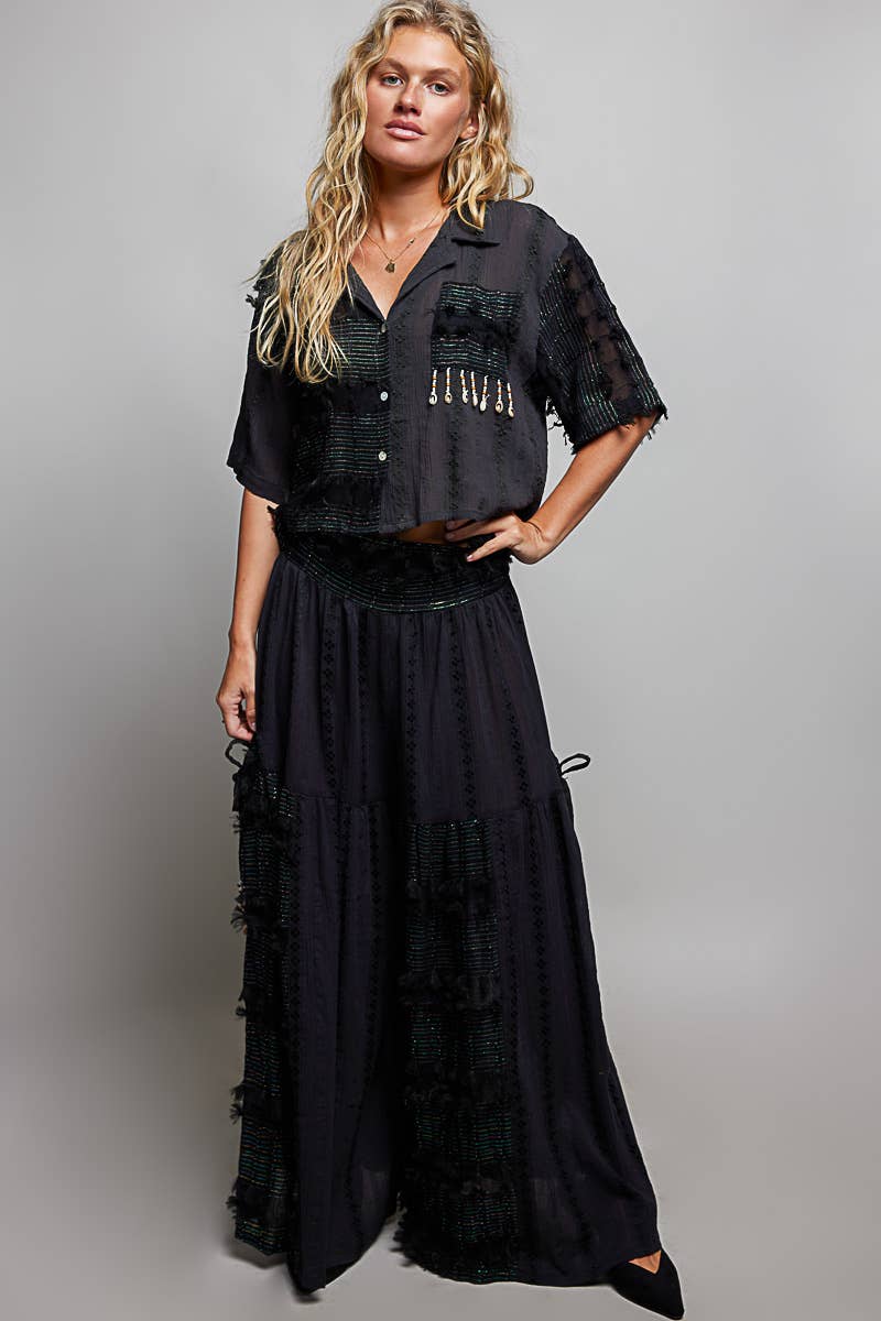 Boho Ruffle Contrast Shell Trim Wide Leg Pants