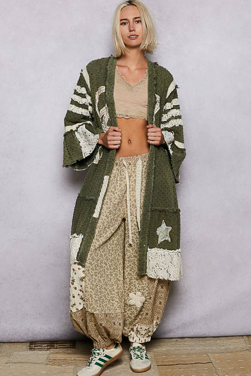 Vintage solid peace patch long cardigan woven top: Black