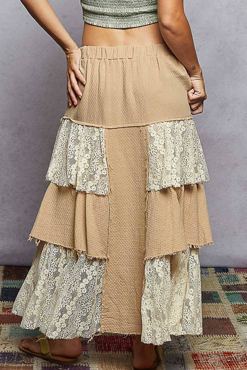 Vintage Double Gauze Lace Ruffle Floral Skirts: Natural, Latte