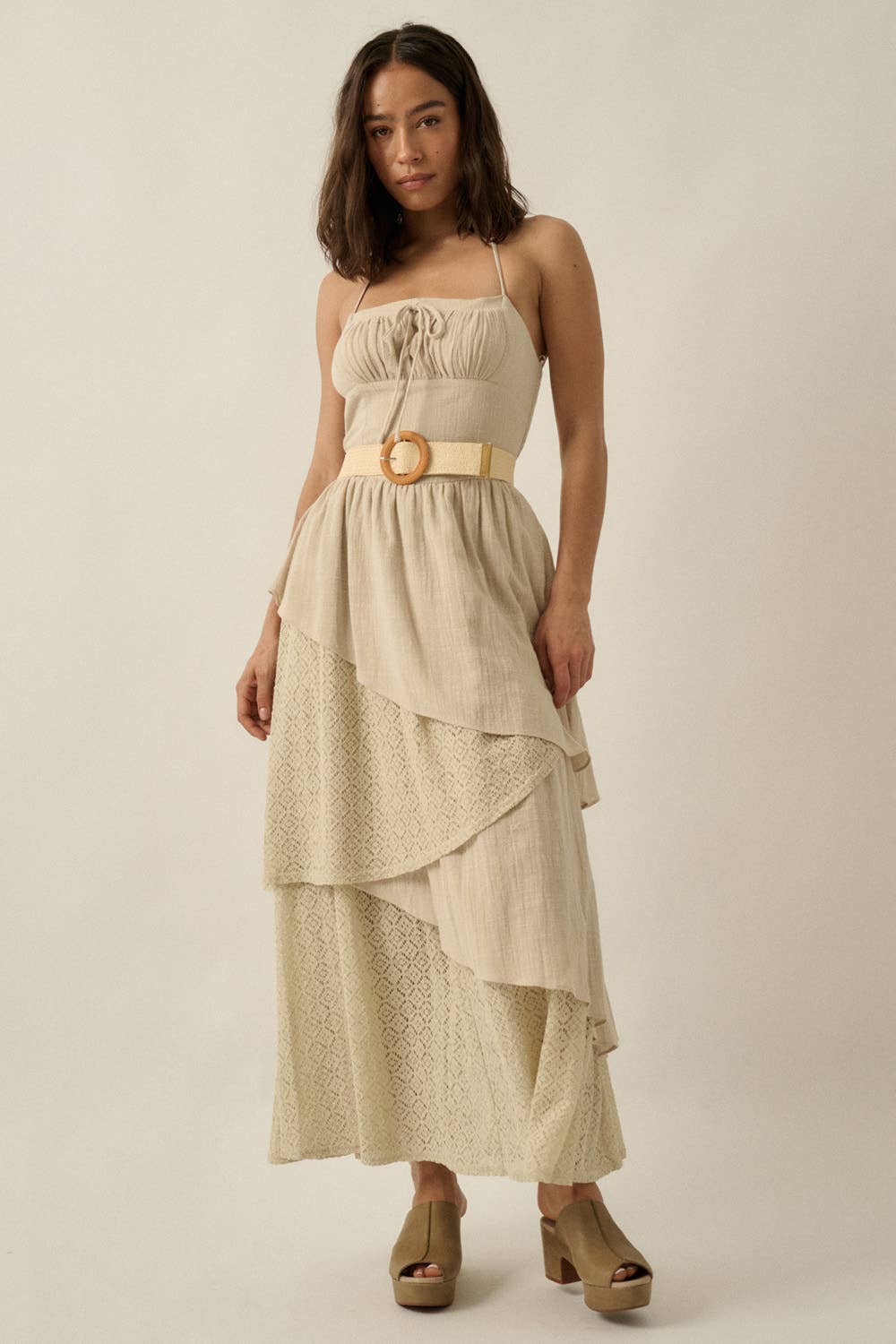 Cotton Gauze and Lace Asymmetrical Tiered Halter Maxi Dress