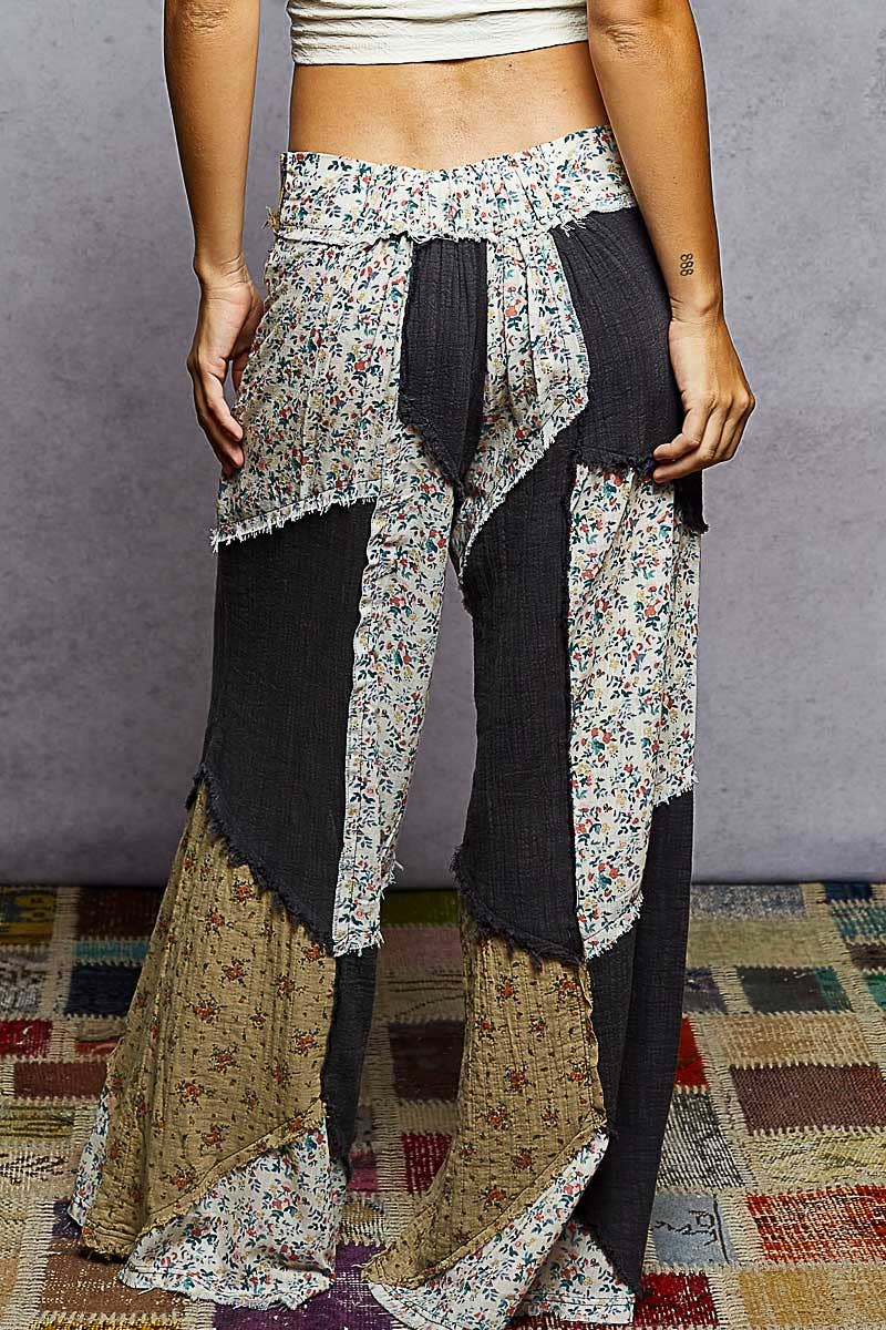 Double gauze varied printed patchwork woven pants: OLIVE or NATURAL