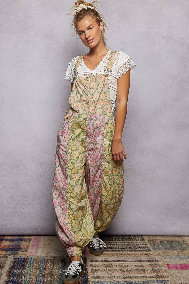 Boho Floral Print Lace Trim Woven Front Zip Overall