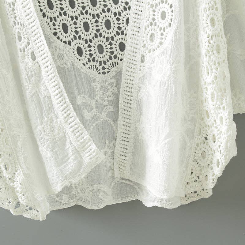 Crosa - Lace Open Front Cardigan with Batwing Sleeves: BEIGE / AVERAGE