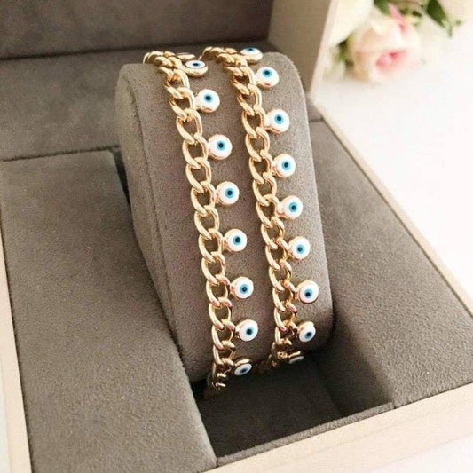 Evil Eye Gold Chain Bracelet, White Evil Eye Bead