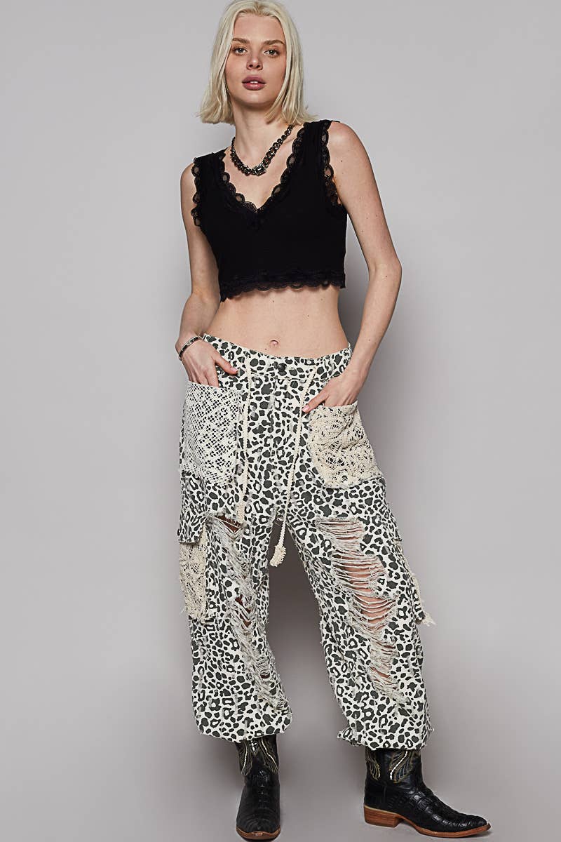 Vintage Wash Crochet Patches Distress Jogger Pants CAMO