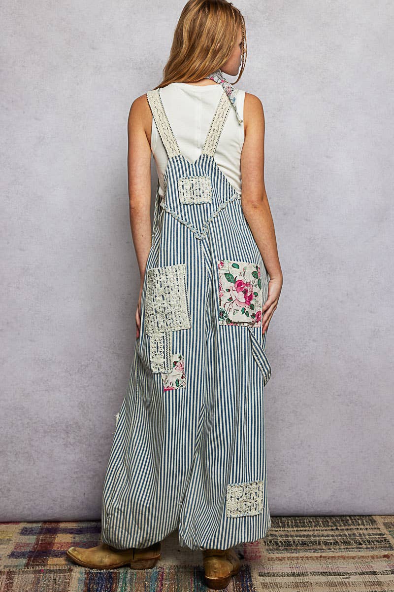 Printed Lace Patch Trim Strap Relaxed Fit Jogger Overall