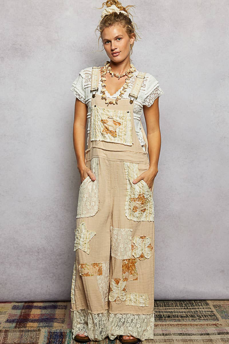 Double Gauze Lace Contrast Side Zipper Patchwork Overalls