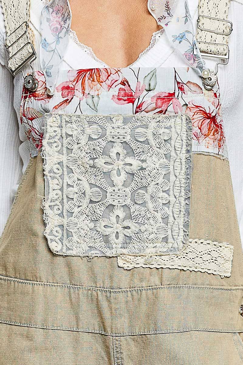 Printed Lace Patch Trim Strap Relaxed Fit Jogger Overall