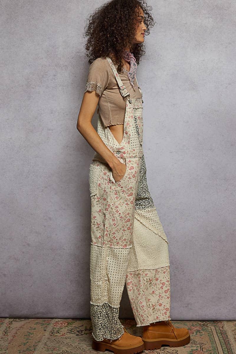 Overalls Animal/Floral Printed Frayed Edge Twill Woven overalls: DENIM S - L