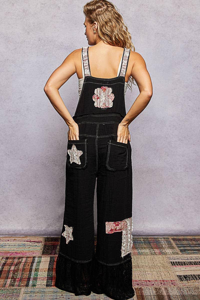 Double Gauze Lace Contrast Side Zipper Patchwork Overalls