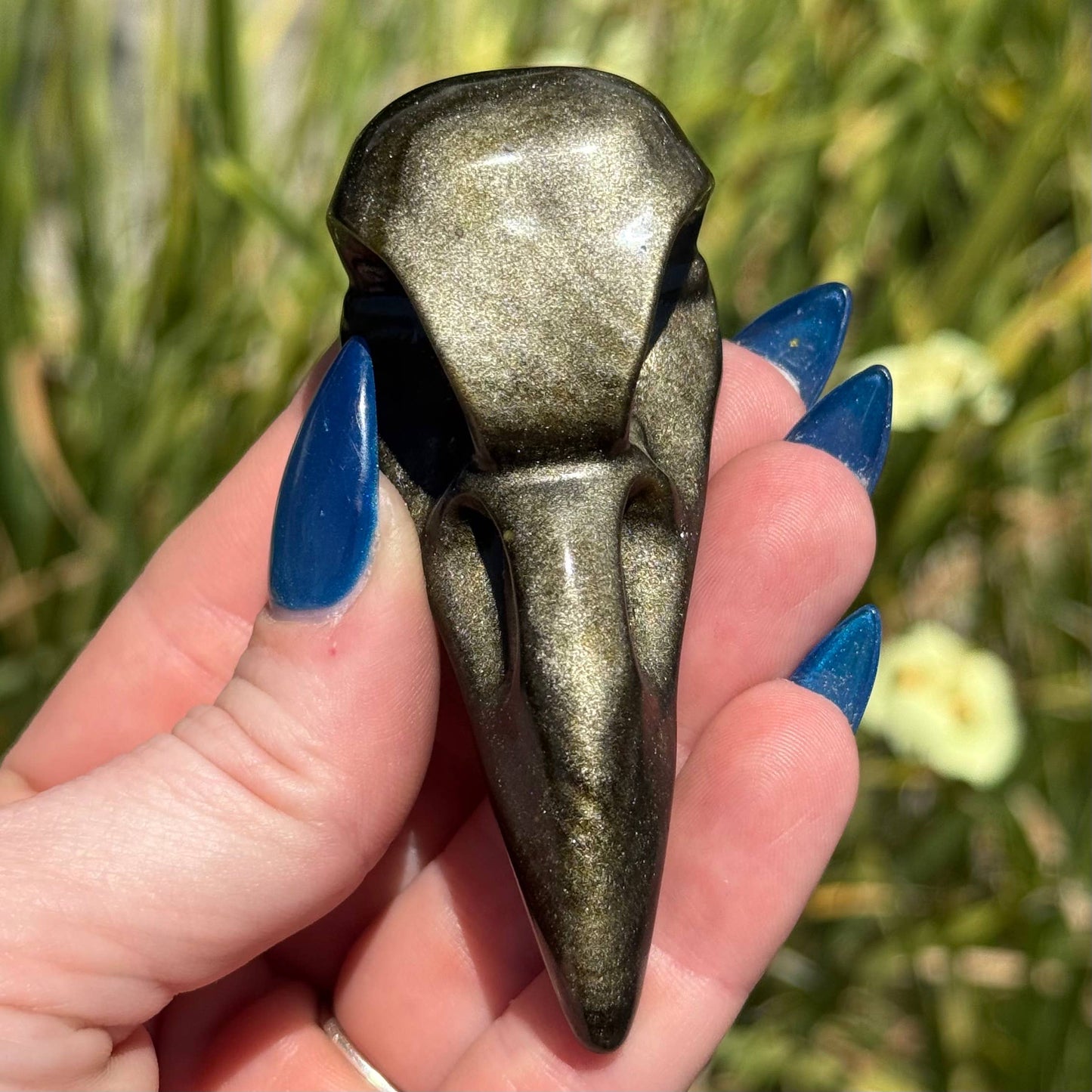 Gold Sheen Obsidian Raven Skull Carving 3"