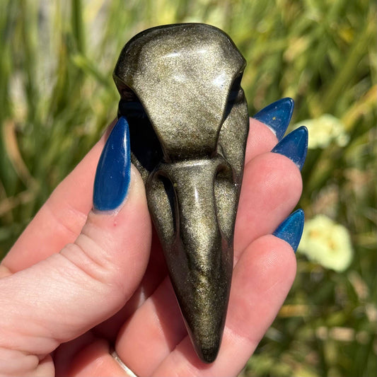 Gold Sheen Obsidian Raven Skull Carving 3"