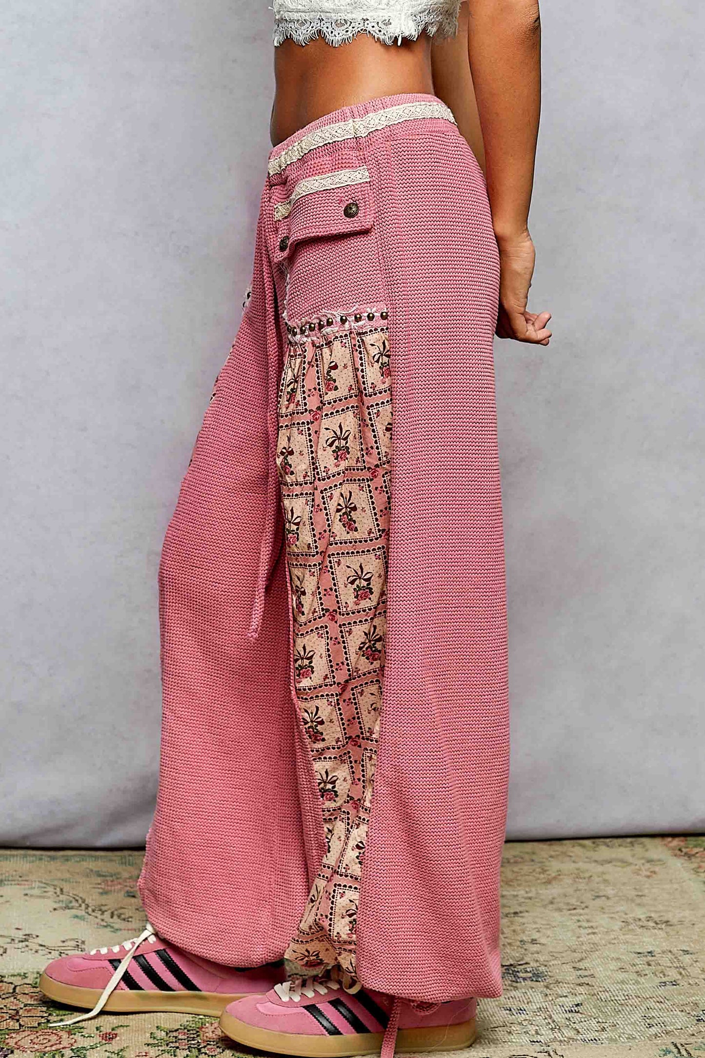 Elastic band floral print patch stud detail jogger pants: Pink or Sage