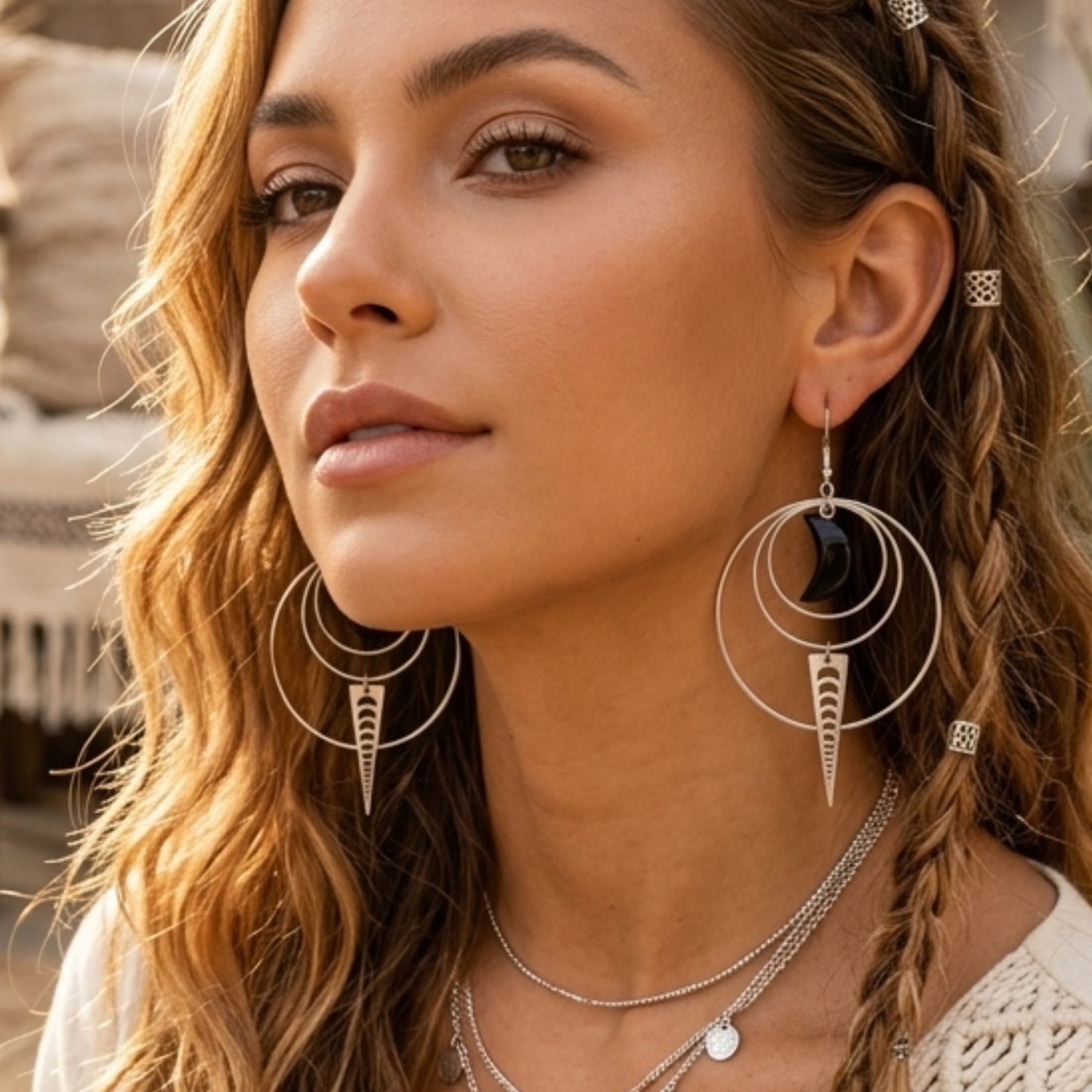 Celestial Moon Phase Hoop Earrings with Black Obsidian