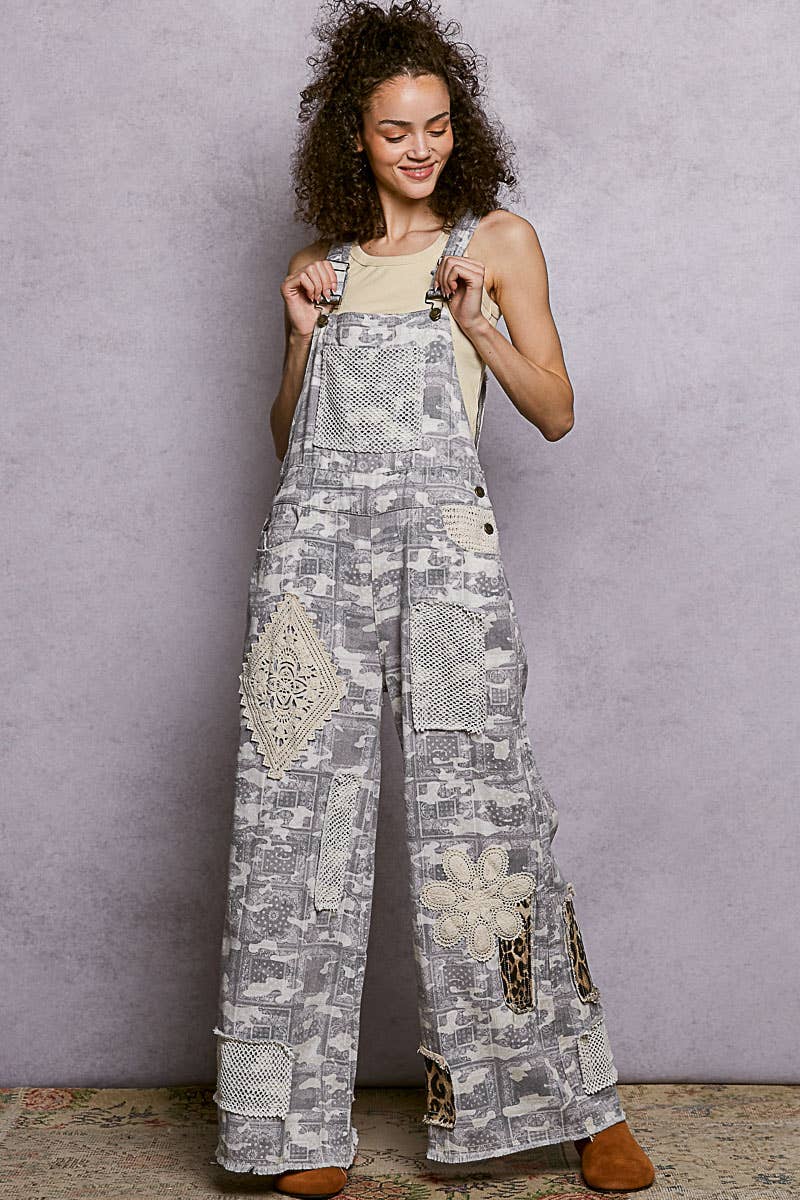 Crochet Contrast Patch Detail Chest Pocket Woven Overalls