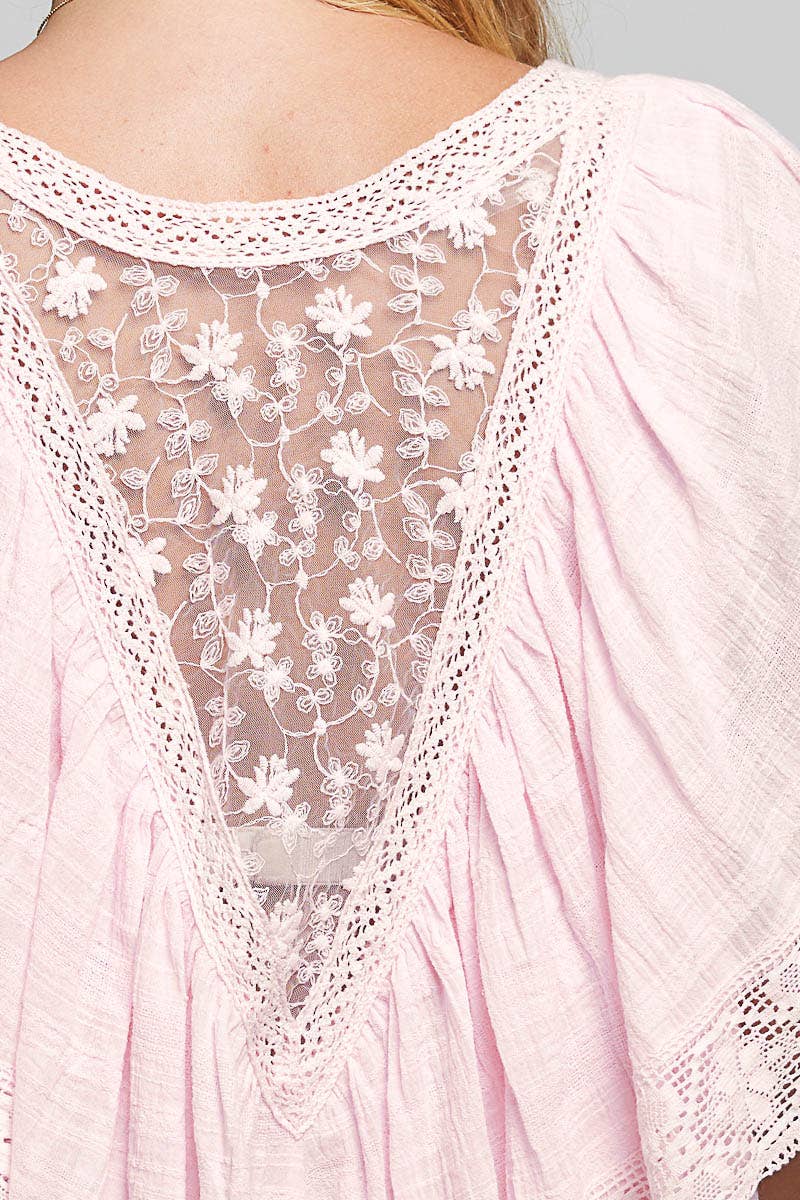 Lace Trim V Ruffle Detail Textured Woven Short Sleeve Top