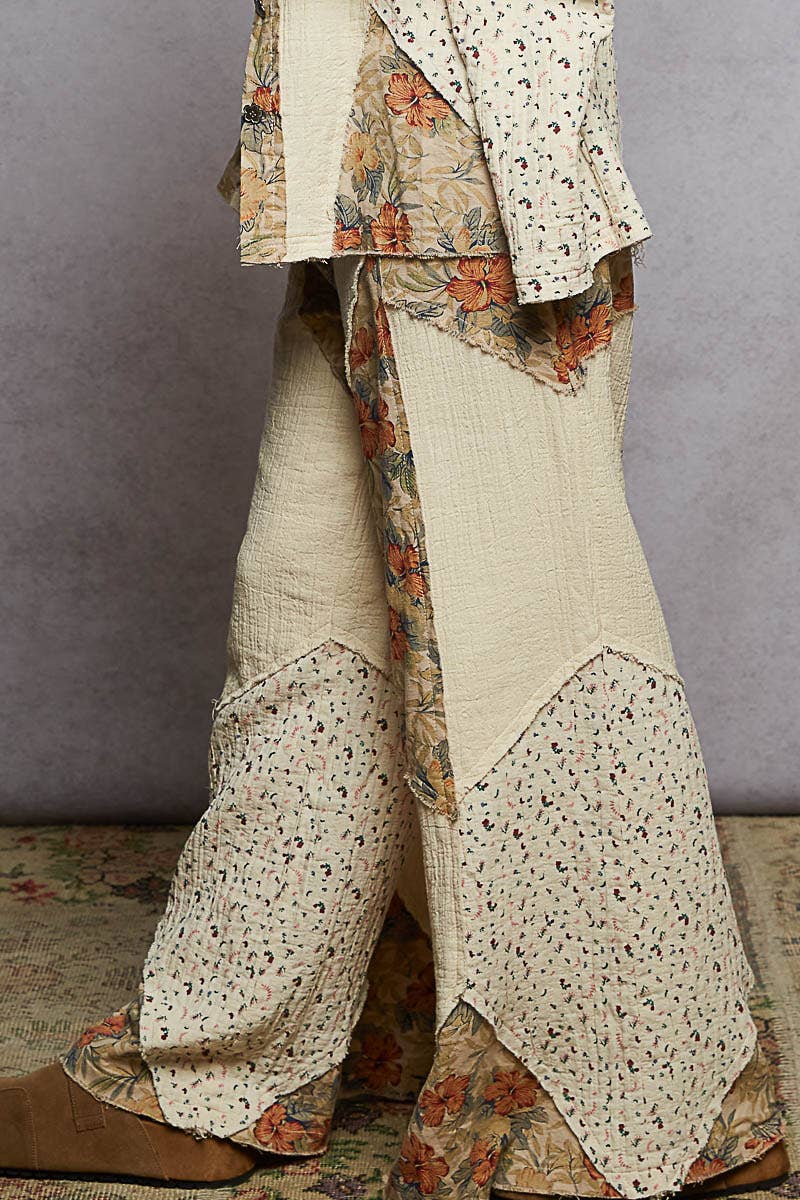 Double gauze varied printed patchwork woven pants: OLIVE or NATURAL