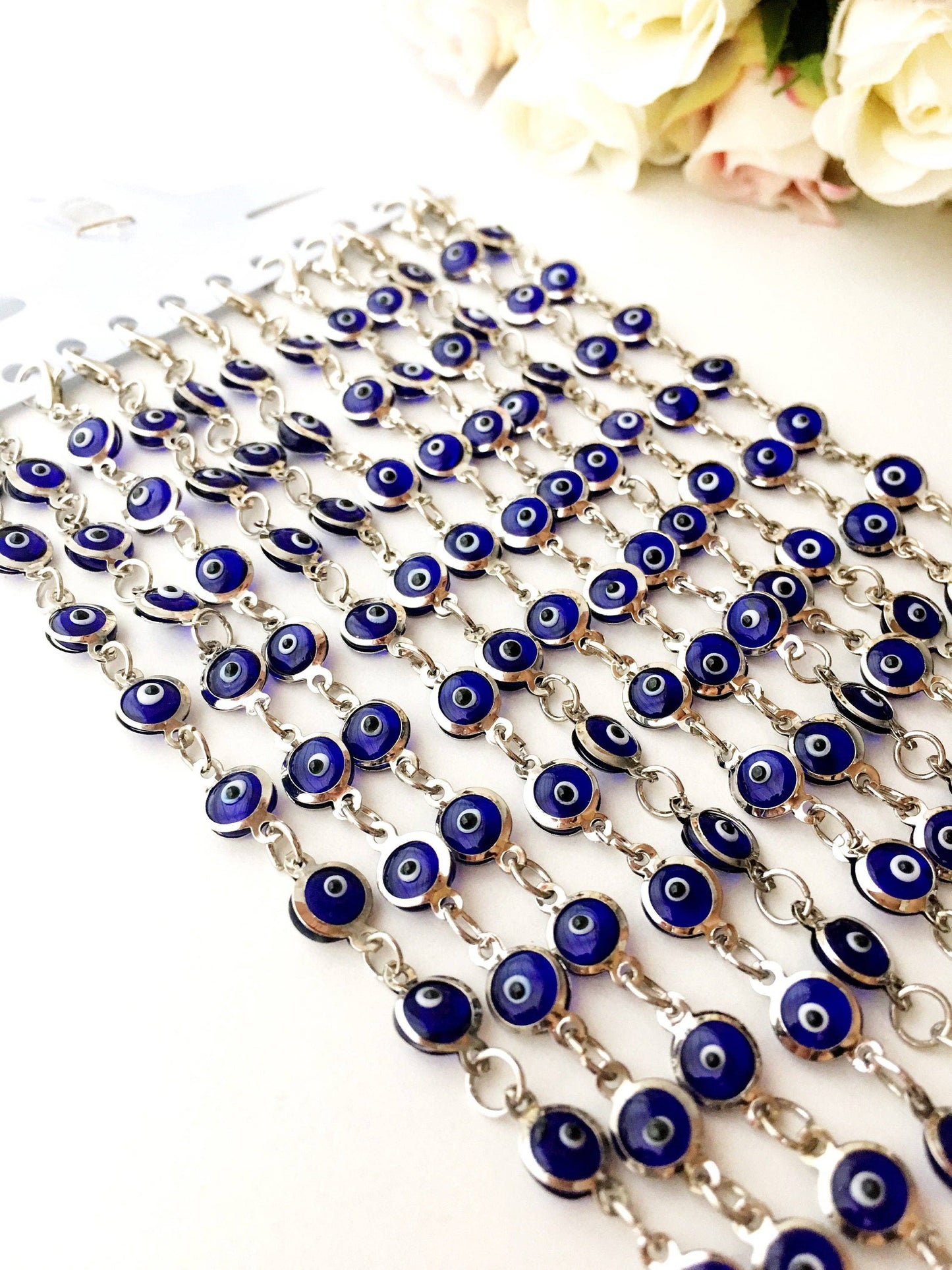 Silver Chain Bracelet, Glass Evil Eye Charm Bracelet, Greek Jewelry