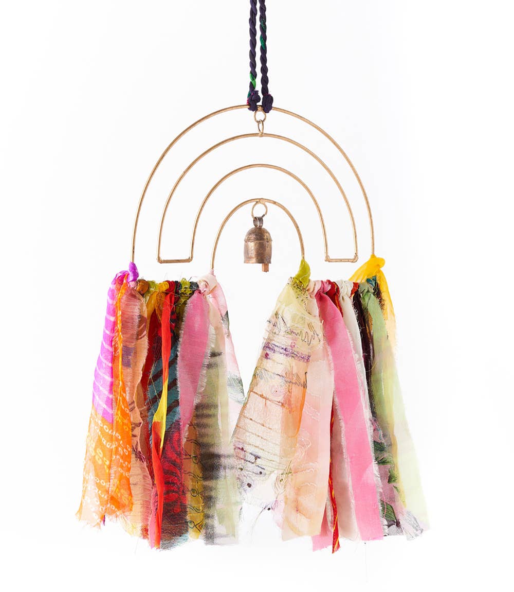 Swapna Rainbow Bell Wind Chime Upcycled Sari - Handmade