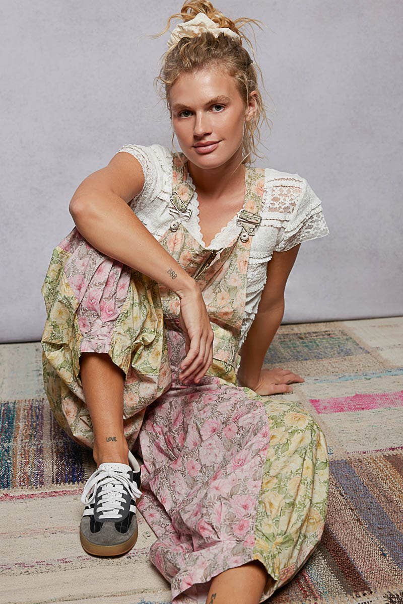 Boho Floral Print Lace Trim Woven Front Zip Overall