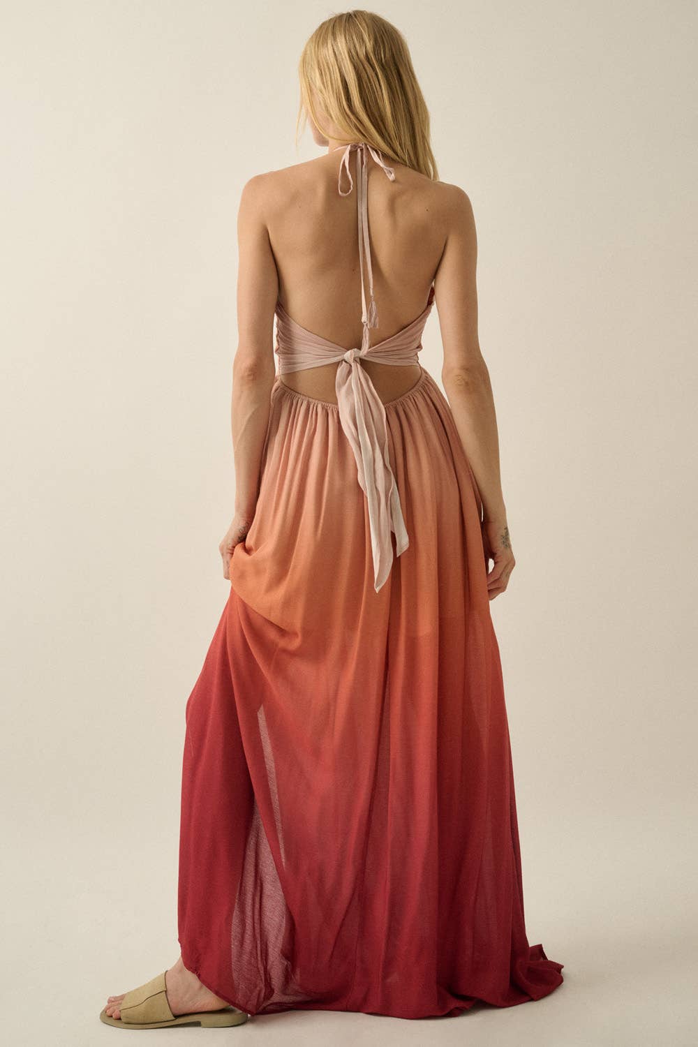 Ombre Crepe Tie-Back Halter Pocket Maxi Dress