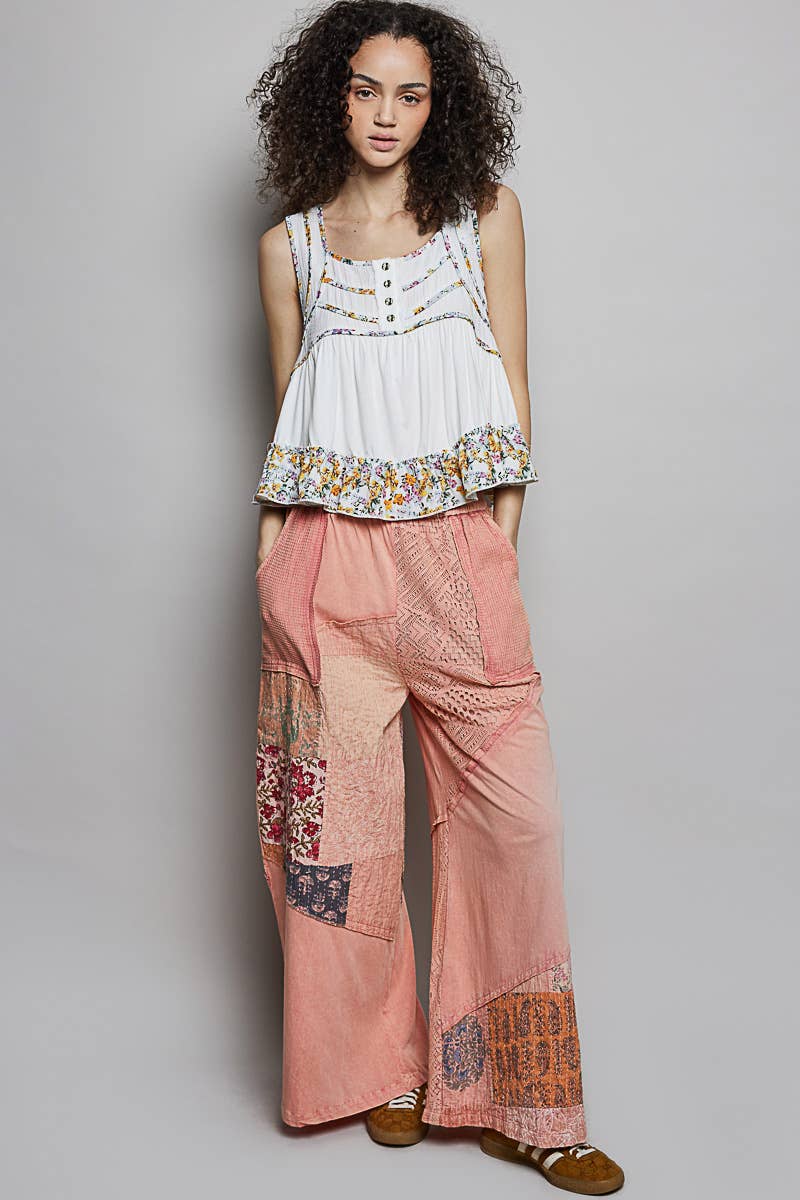 Square Neck Soft POL Jersey Floral Trim Boho Tank Top