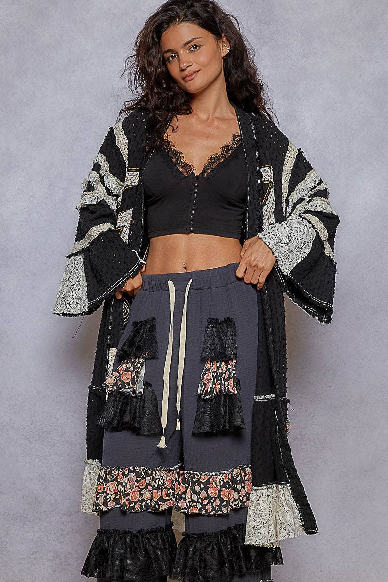 Vintage solid peace patch long cardigan woven top: Black